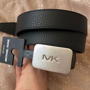 Brand New Michael Kors Black Belt Silver Tone Plaque Buckle Office Business